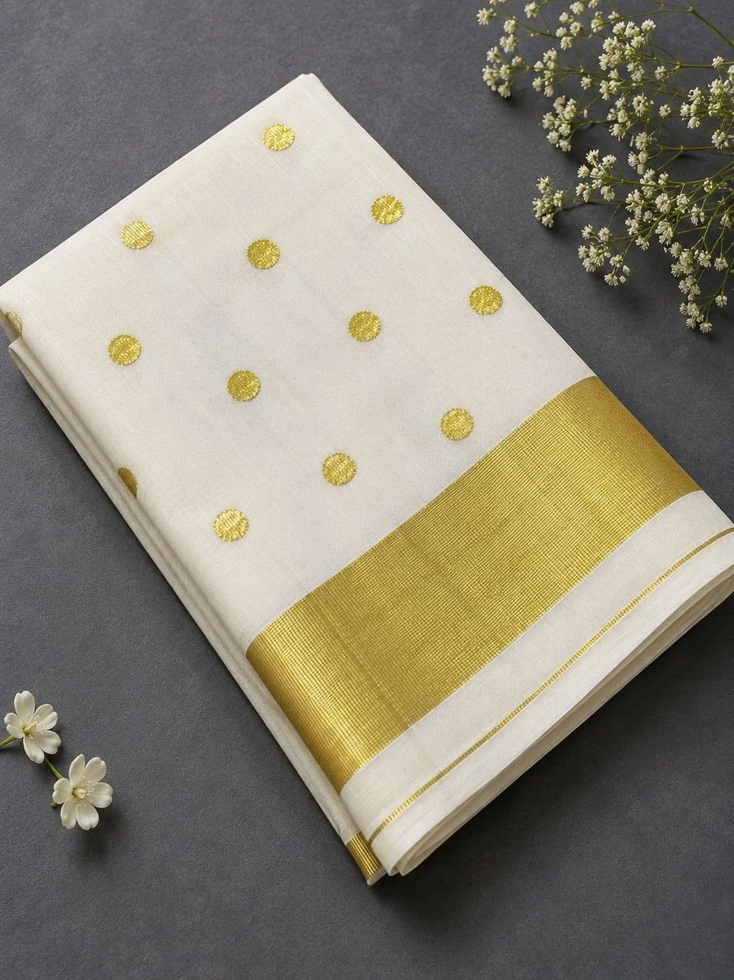 Small Polka Cotton Saree | Off-White Saree with Gold Border 2
