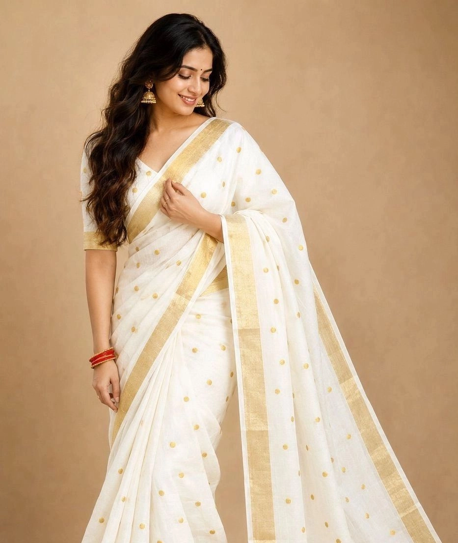 Small Polka Cotton Saree | Off-White Saree with Gold Border 1
