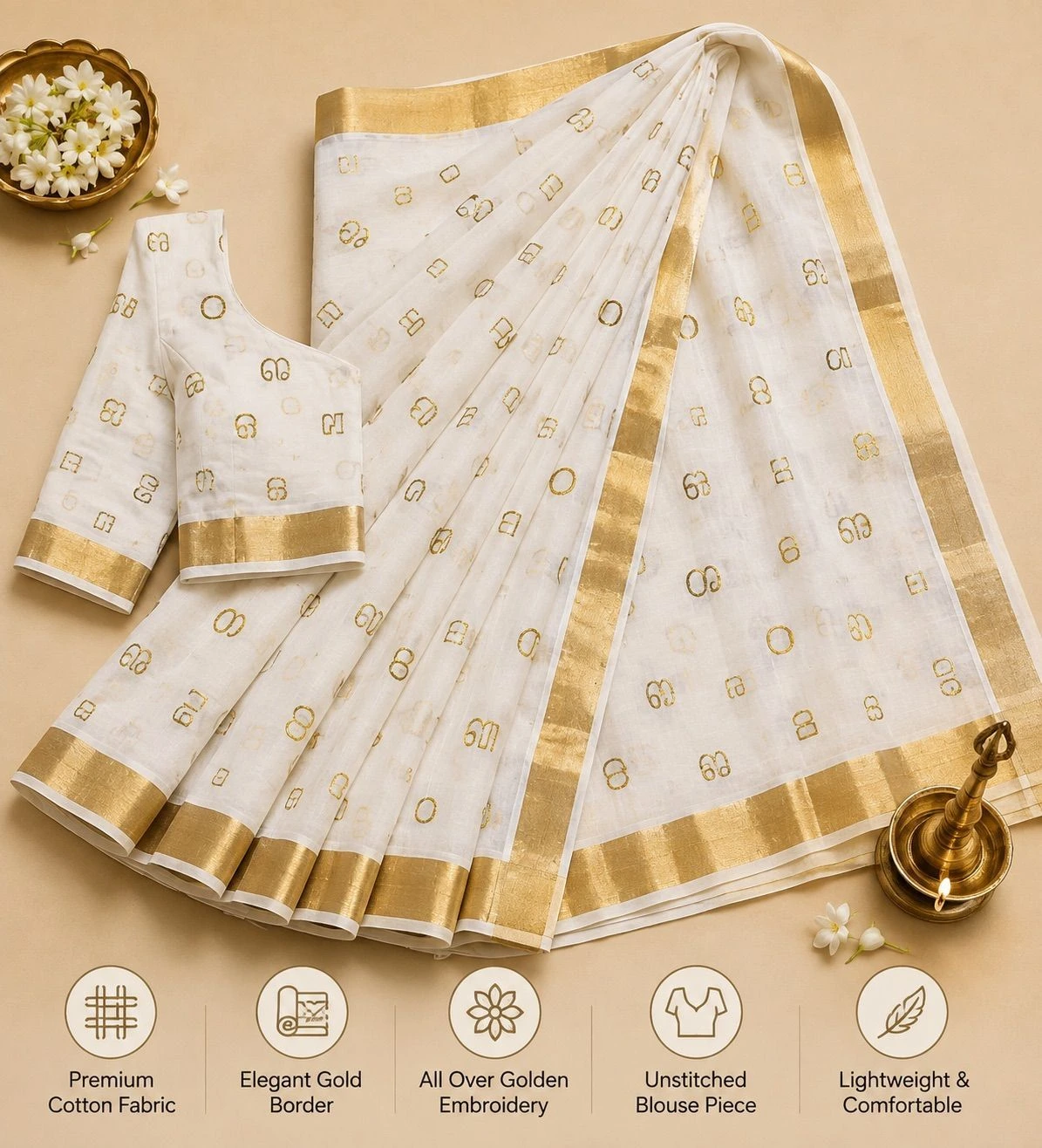 Malayalam Akshara Mala Embroidered Cotton Saree 3