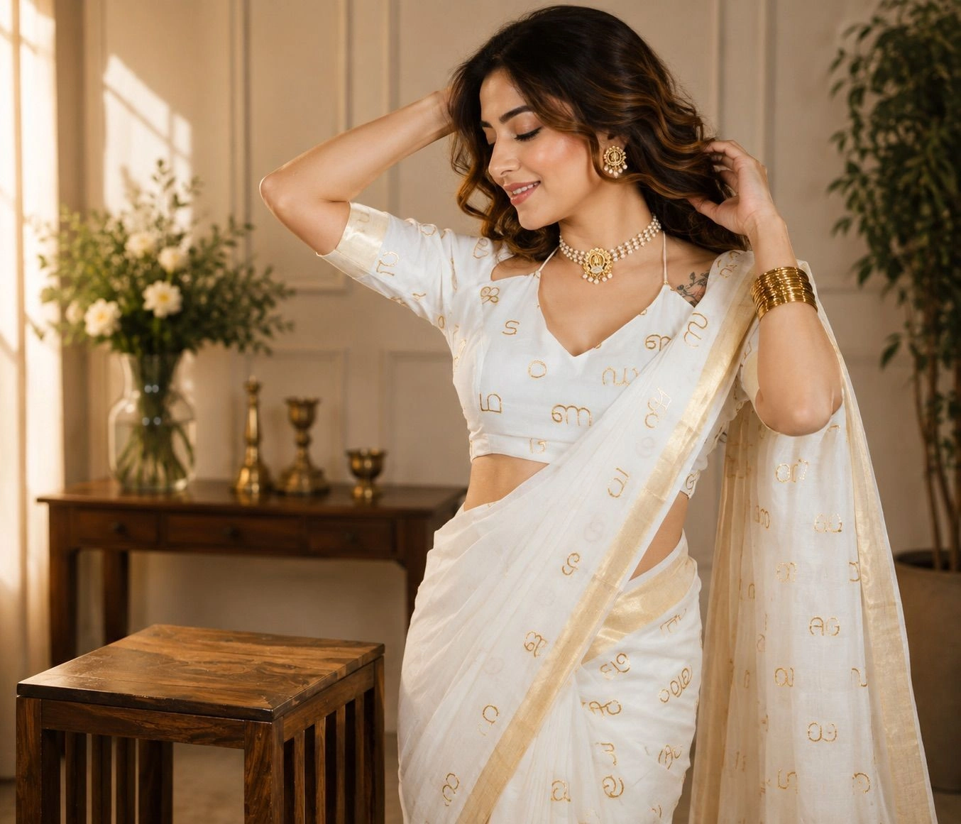 Malayalam Akshara Mala Embroidered Cotton Saree 1