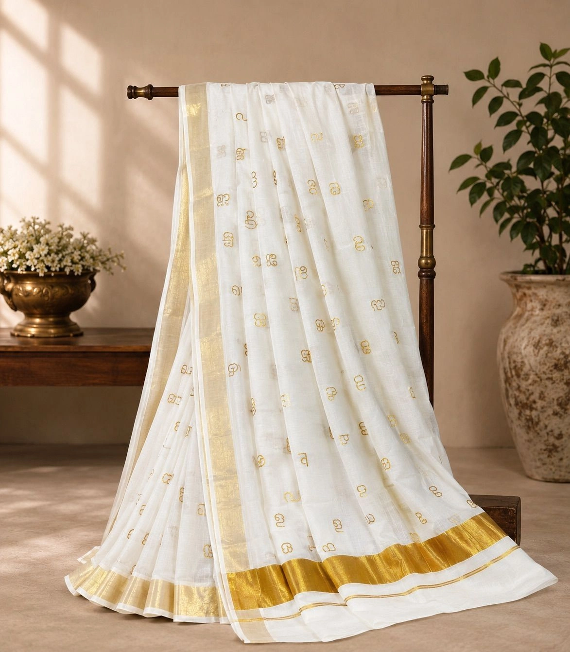 Malayalam Akshara Mala Embroidered Cotton Saree 3