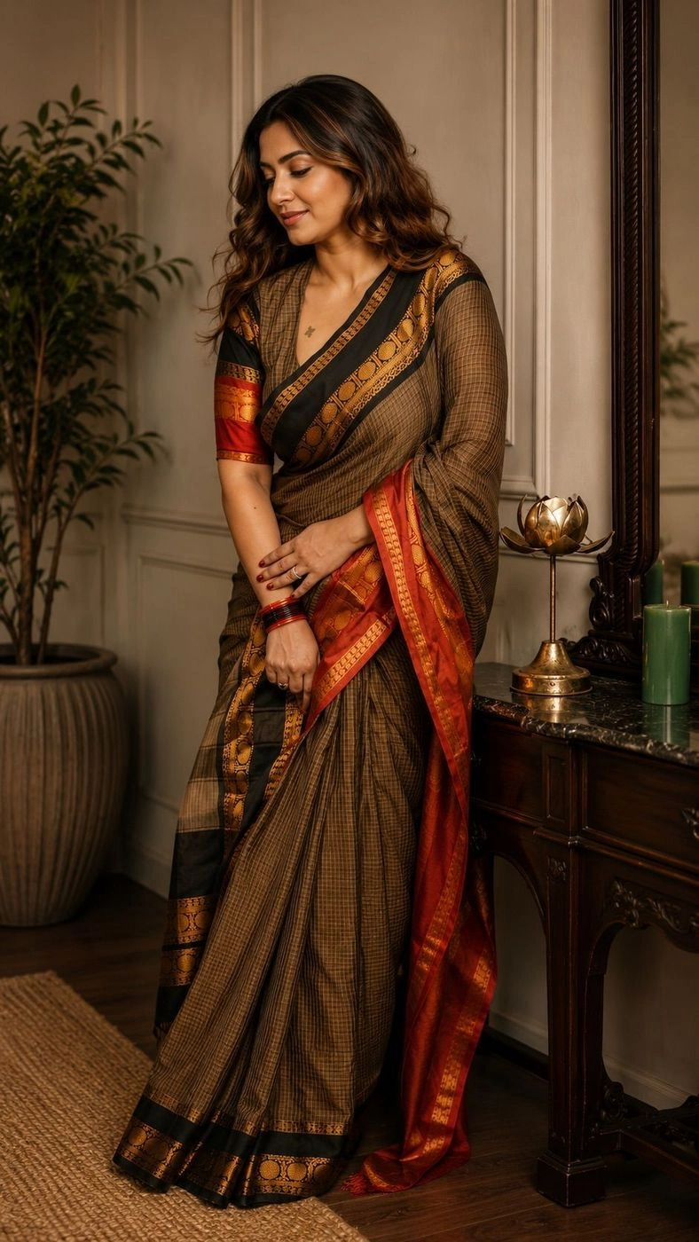 Ganga Jamuna Border Jari Checks Chettinad Cotton Saree 2