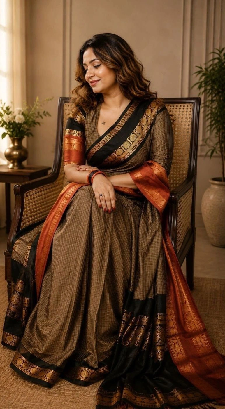 Ganga Jamuna Border Jari Checks Chettinad Cotton Saree 1