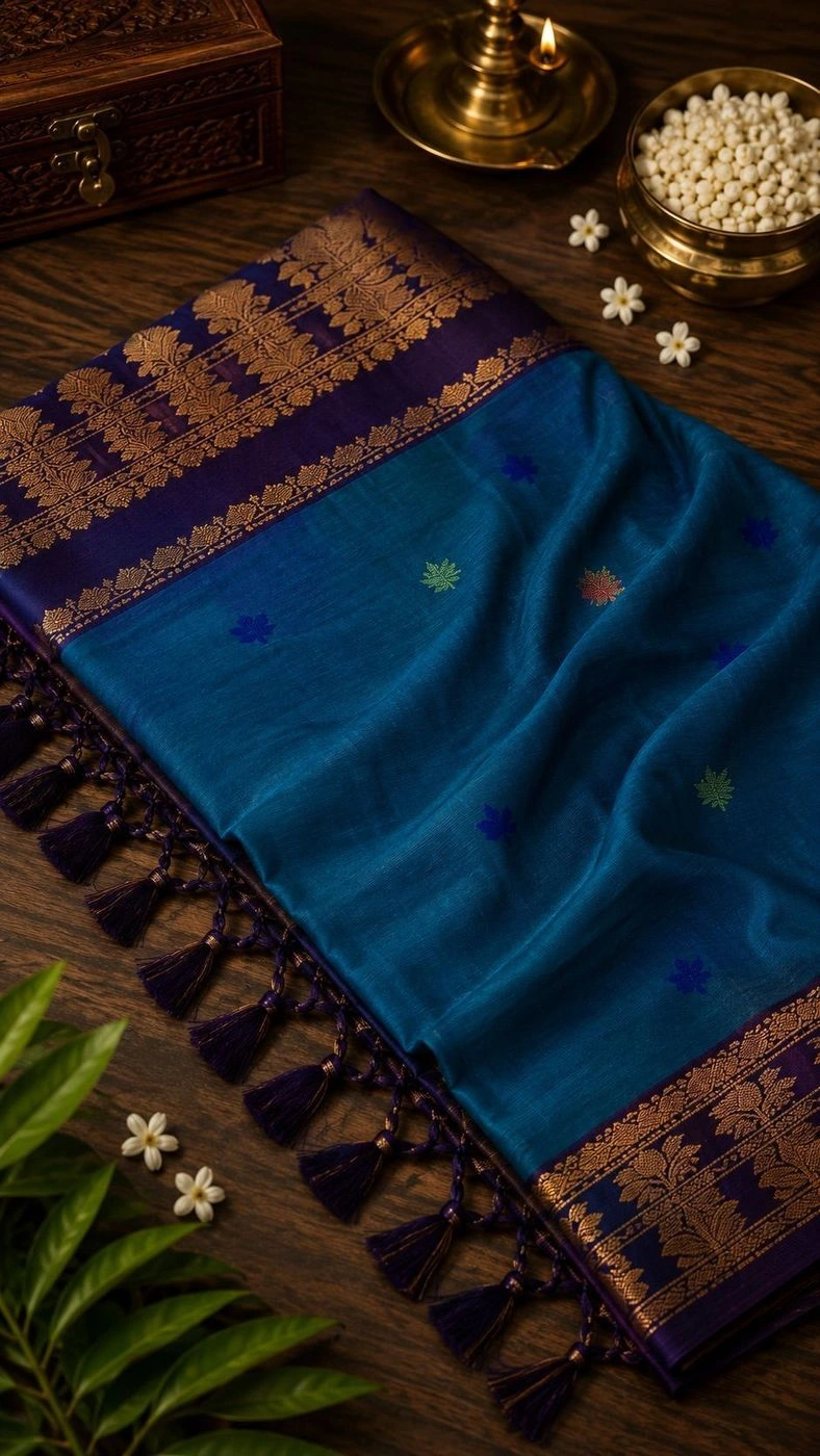 Kalyani Cotton Saree with Contrast Purple Border & Small Butta Work 3