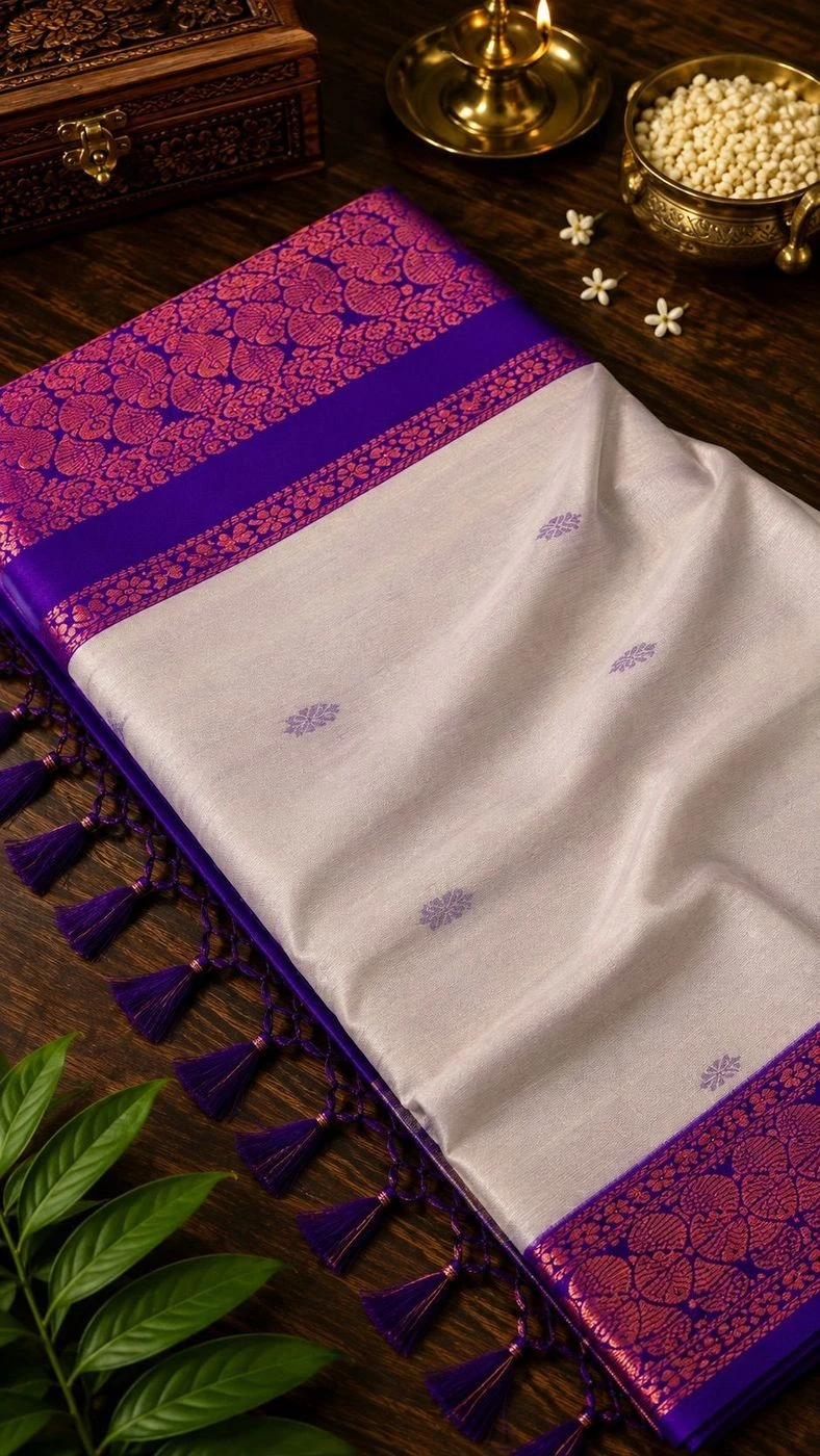Kalyani Cotton Saree with Contrast Purple Border & Small Butta Work 3