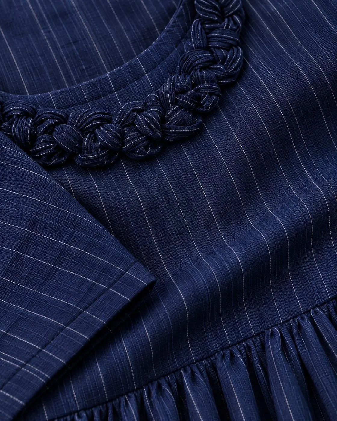 Navy Blue Striped A-Line Georgette Long Dress for Women – Premium Flared Ethnic Wear with 3/4 Sleeves, Embellished Round Neck & Ruffle Hem 3