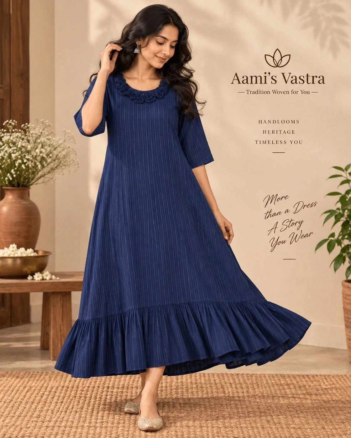 Navy Blue Striped A-Line Georgette Long Dress for Women – Premium Flared Ethnic Wear with 3/4 Sleeves, Embellished Round Neck & Ruffle Hem 4