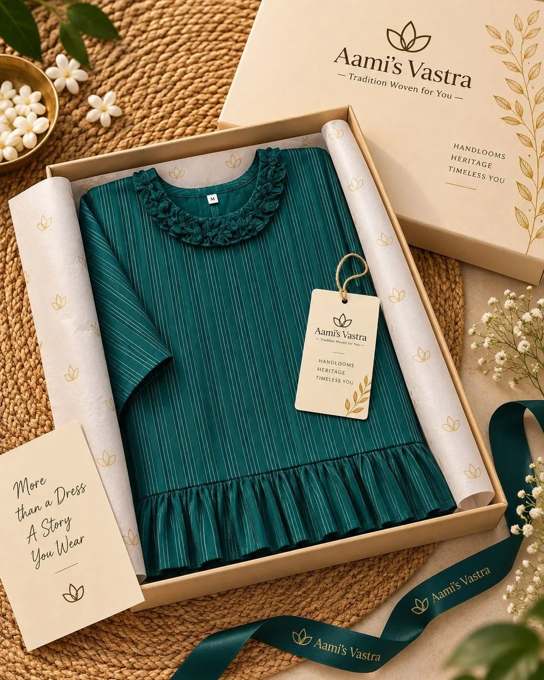 Bottle Green A-Line Georgette Long Dress for Women – Premium Vertical Striped Flared Dress with 3/4 Sleeves, Decorative Neckline & Gathered Ruffle Hem 2