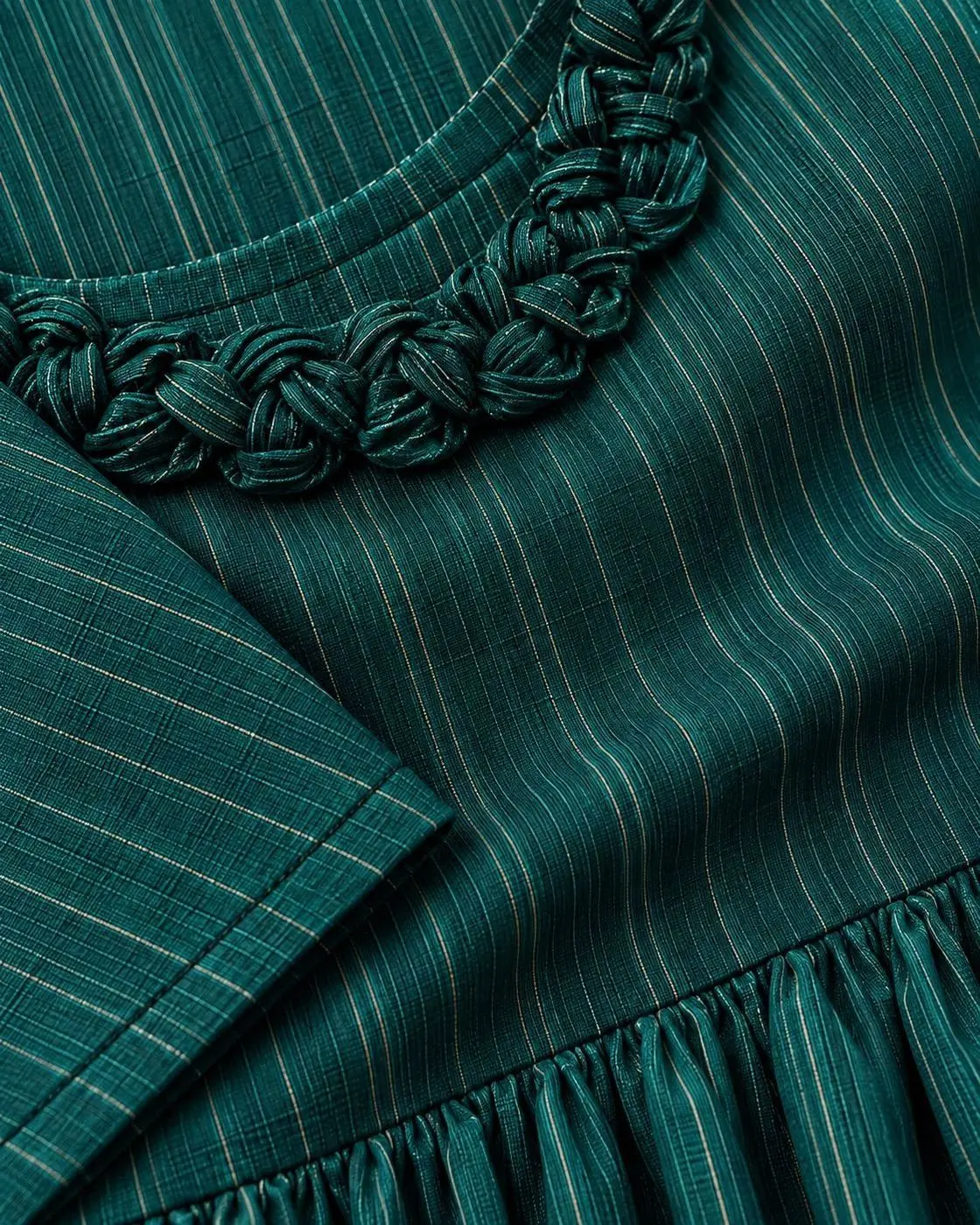 Bottle Green A-Line Georgette Long Dress for Women – Premium Vertical Striped Flared Dress with 3/4 Sleeves, Decorative Neckline & Gathered Ruffle Hem 3