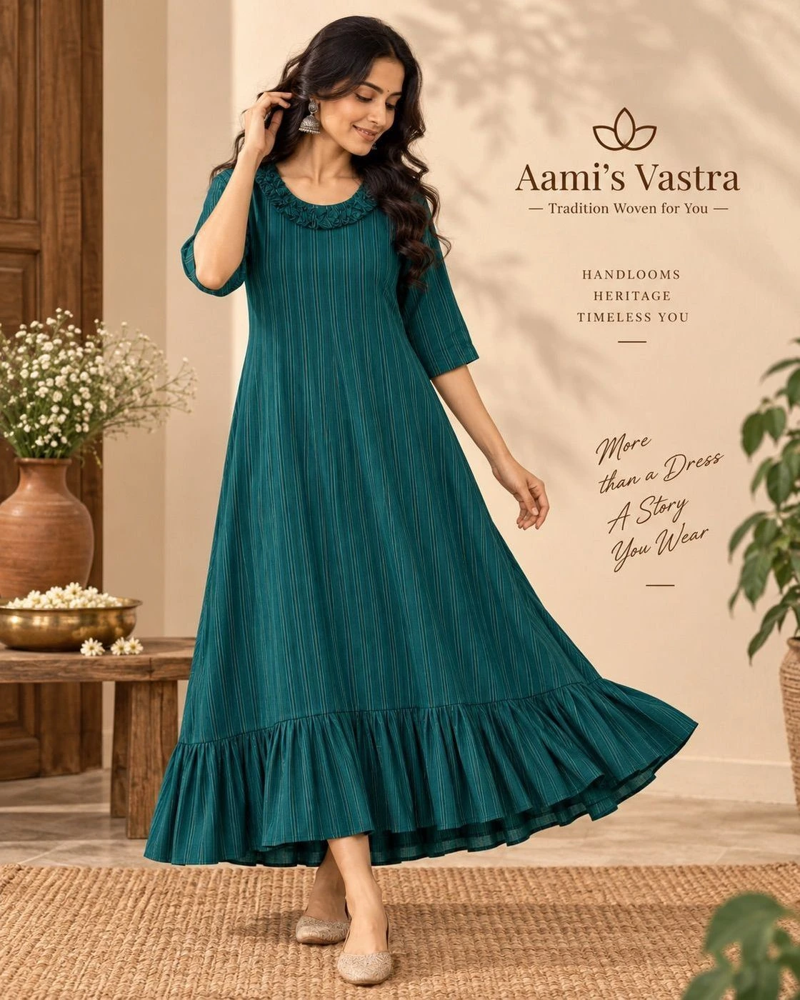 Bottle Green A-Line Georgette Long Dress for Women – Premium Vertical Striped Flared Dress with 3/4 Sleeves, Decorative Neckline & Gathered Ruffle Hem 4