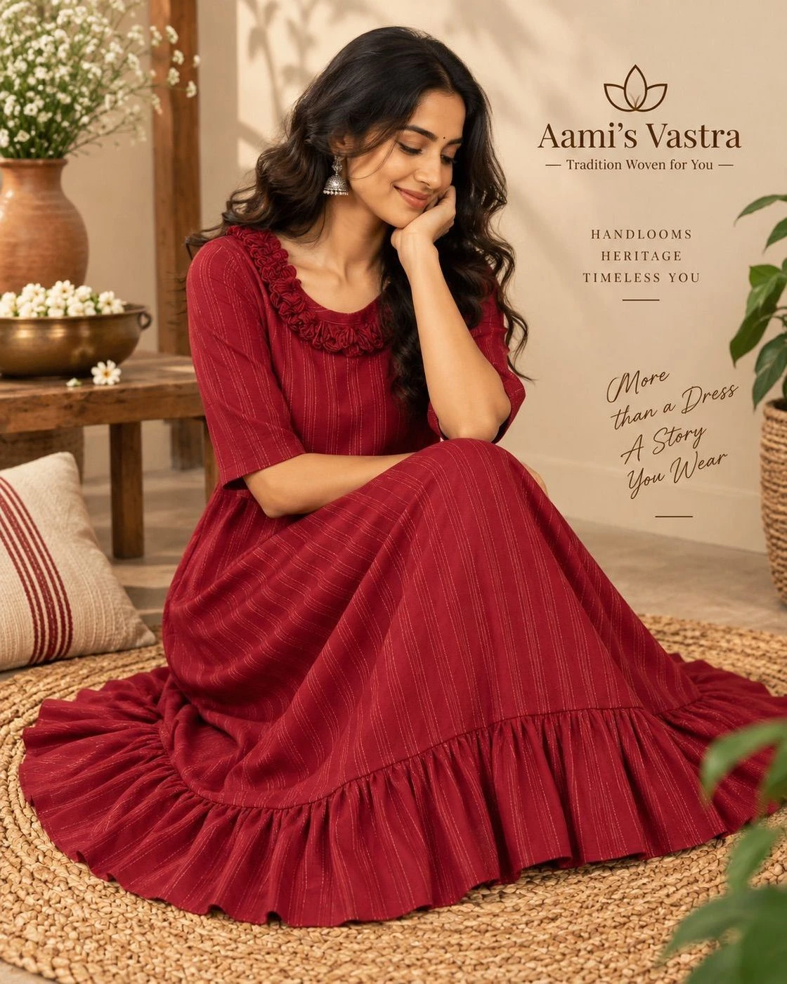 Wine Red A-Line Georgette Long Dress for Women – Premium Vertical Stripe Dress with 3/4 Sleeves, Embellished Neckline & Flared Silhouette 1