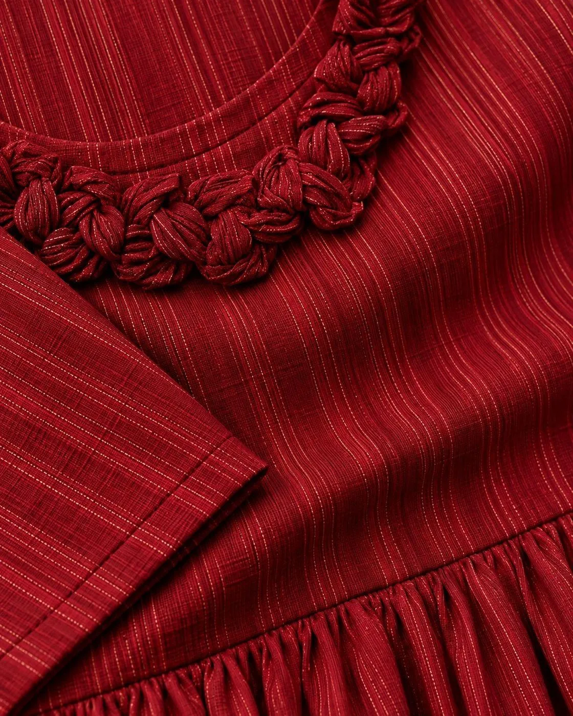 Wine Red A-Line Georgette Long Dress for Women – Premium Vertical Stripe Dress with 3/4 Sleeves, Embellished Neckline & Flared Silhouette 3