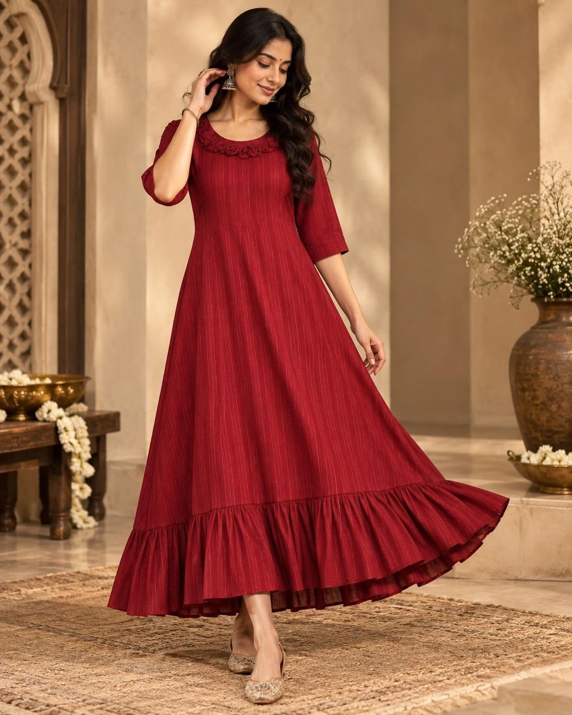 Wine Red A-Line Georgette Long Dress for Women – Premium Vertical Stripe Dress with 3/4 Sleeves, Embellished Neckline & Flared Silhouette 4