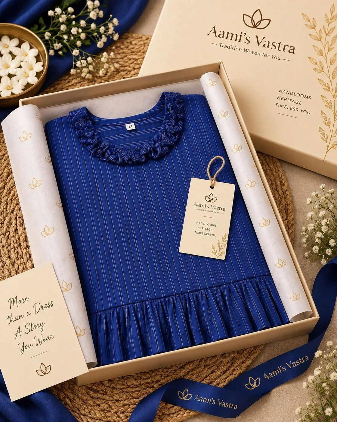 Royal Blue A-Line Georgette Long Top – Premium Vertical Stripe Dress with 3/4 Sleeves & Detailed Neckline 2