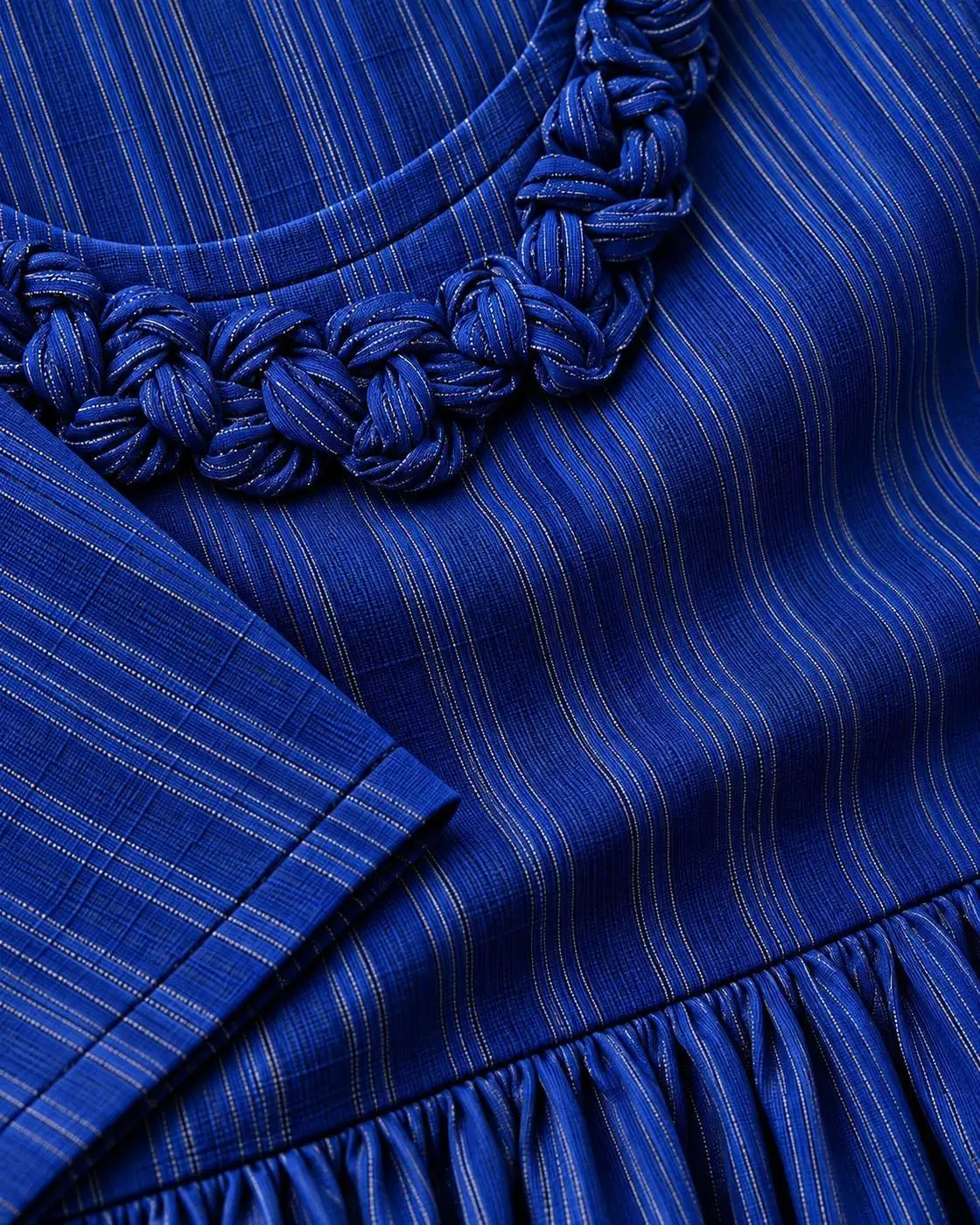 Royal Blue A-Line Georgette Long Top – Premium Vertical Stripe Dress with 3/4 Sleeves & Detailed Neckline 3