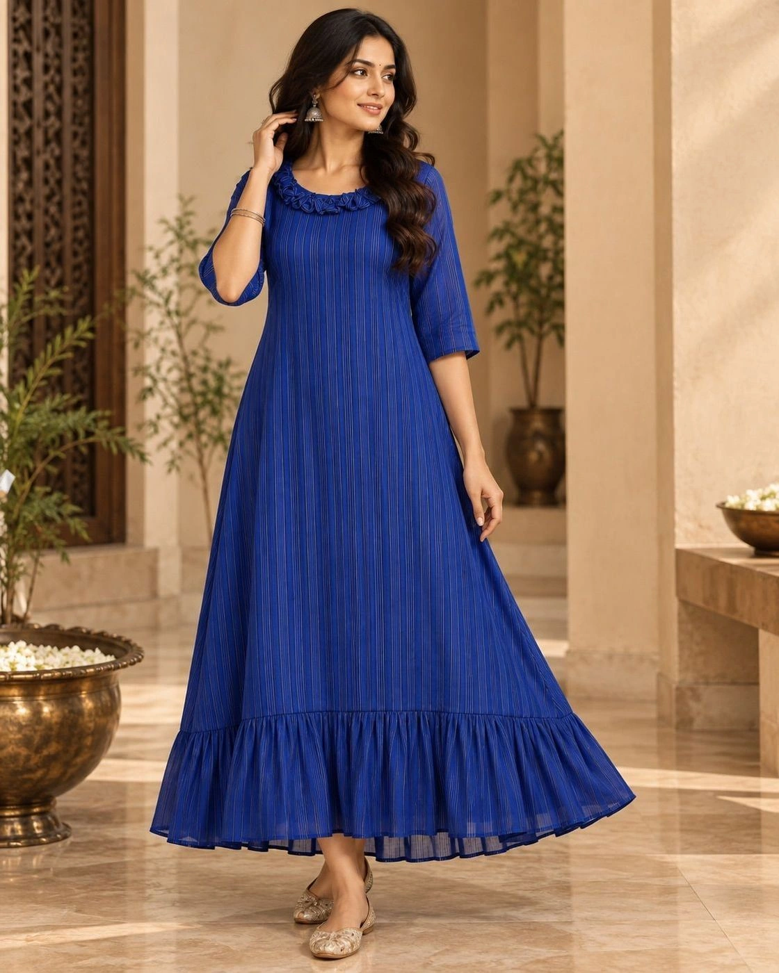 Royal Blue A-Line Georgette Long Top – Premium Vertical Stripe Dress with 3/4 Sleeves & Detailed Neckline 4