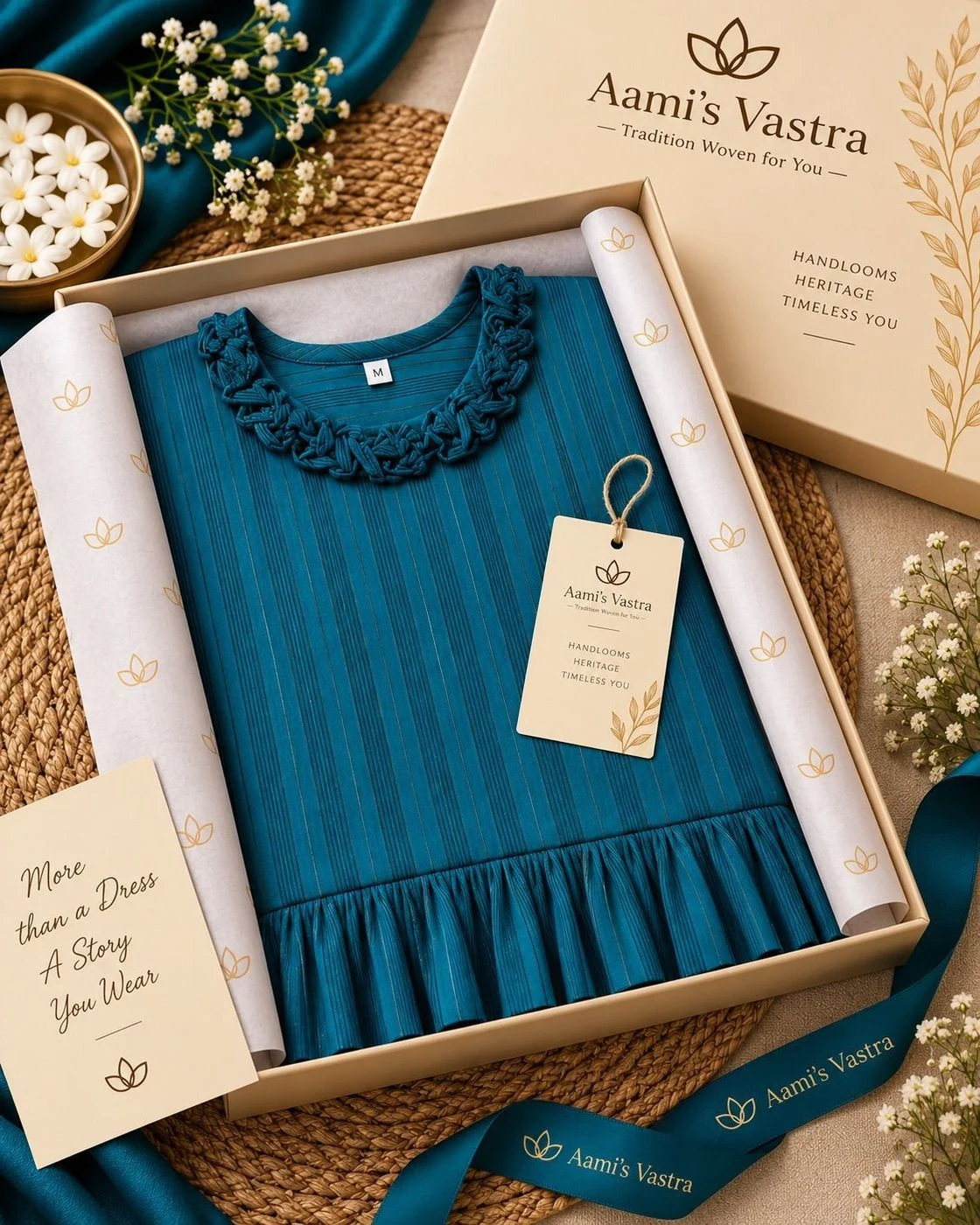 Teal Blue A-Line Georgette Long Top – Premium Vertical Stripe Top with 3/4 Sleeves & Statement Neckline 2