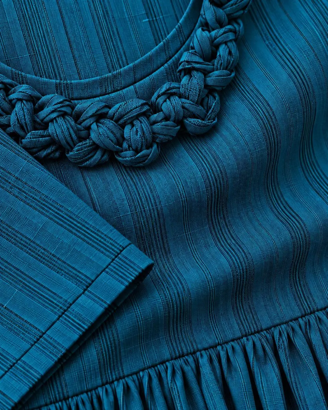 Teal Blue A-Line Georgette Long Top – Premium Vertical Stripe Top with 3/4 Sleeves & Statement Neckline 3