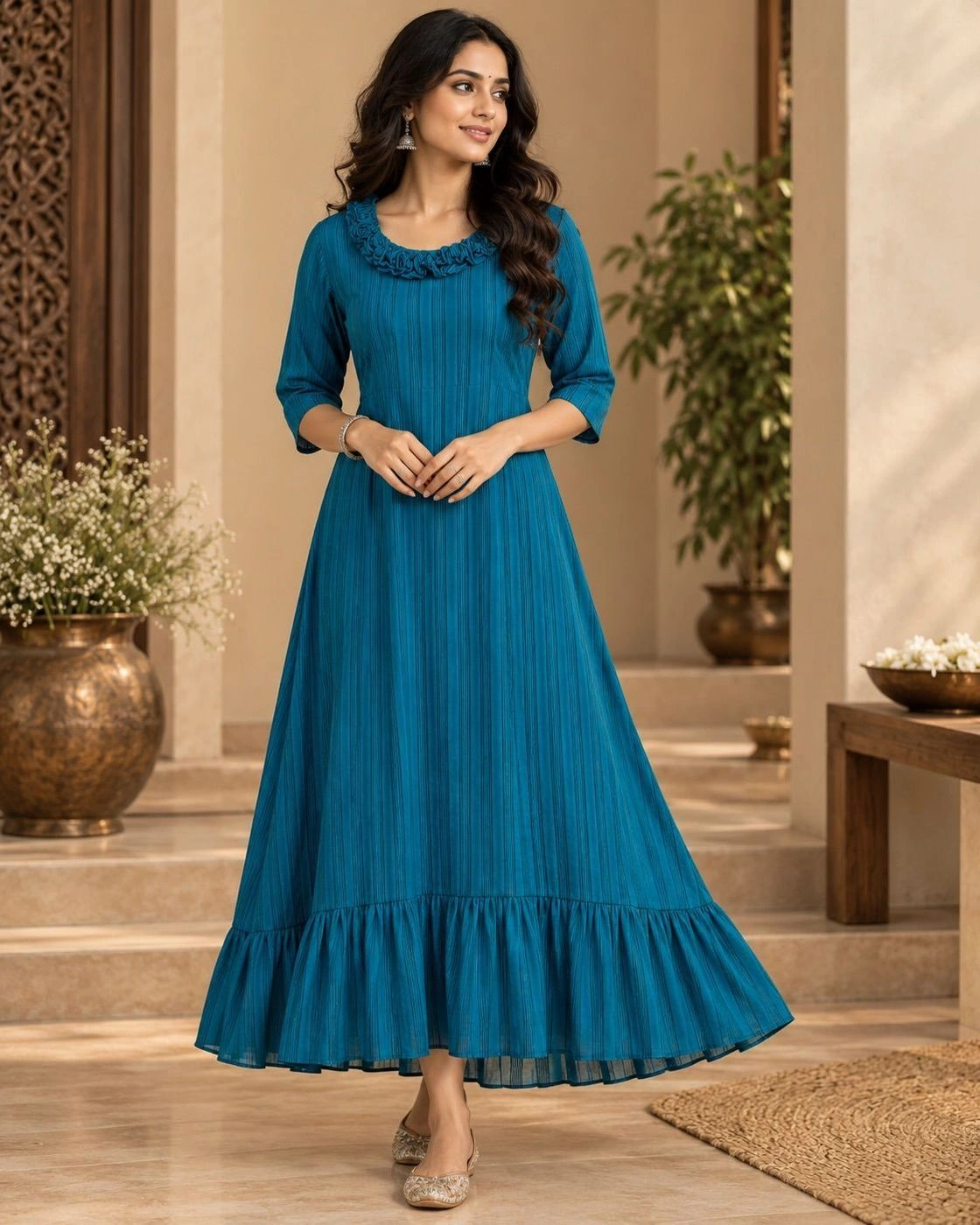 Teal Blue A-Line Georgette Long Top – Premium Vertical Stripe Top with 3/4 Sleeves & Statement Neckline 4
