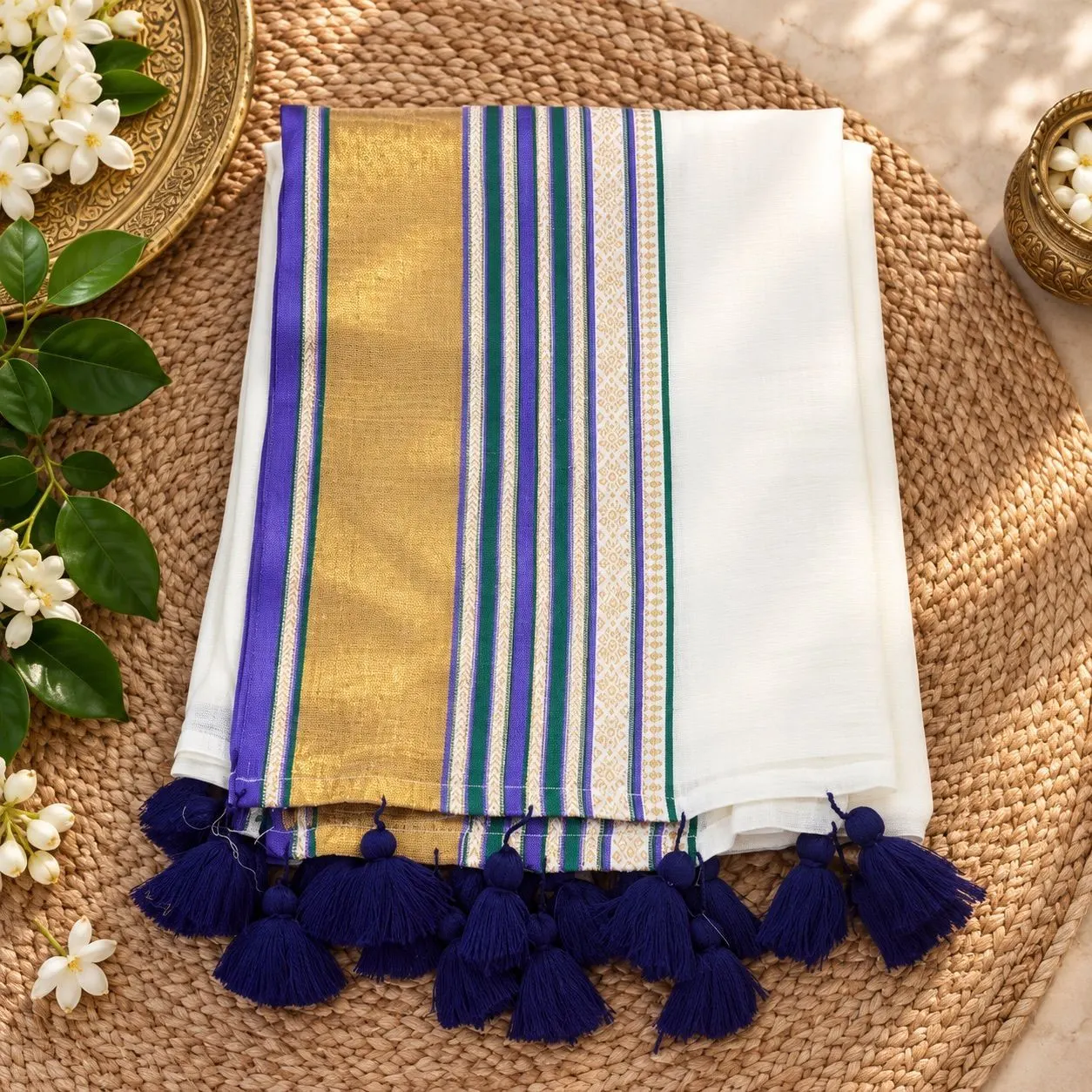 Premium Neelambari Border Lines 120s Mul Cotton Saree | White with Purple & Gold Border