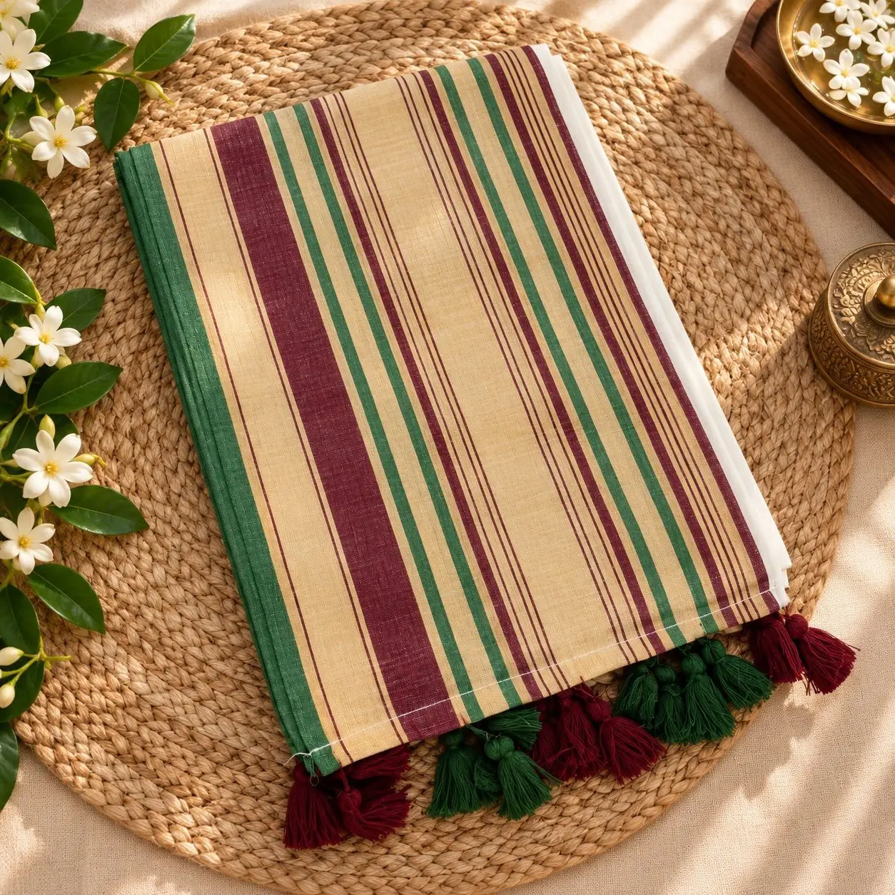 Premium Madura Border 120s Mul Cotton Saree | Cream with Maroon & Bottle Green Border