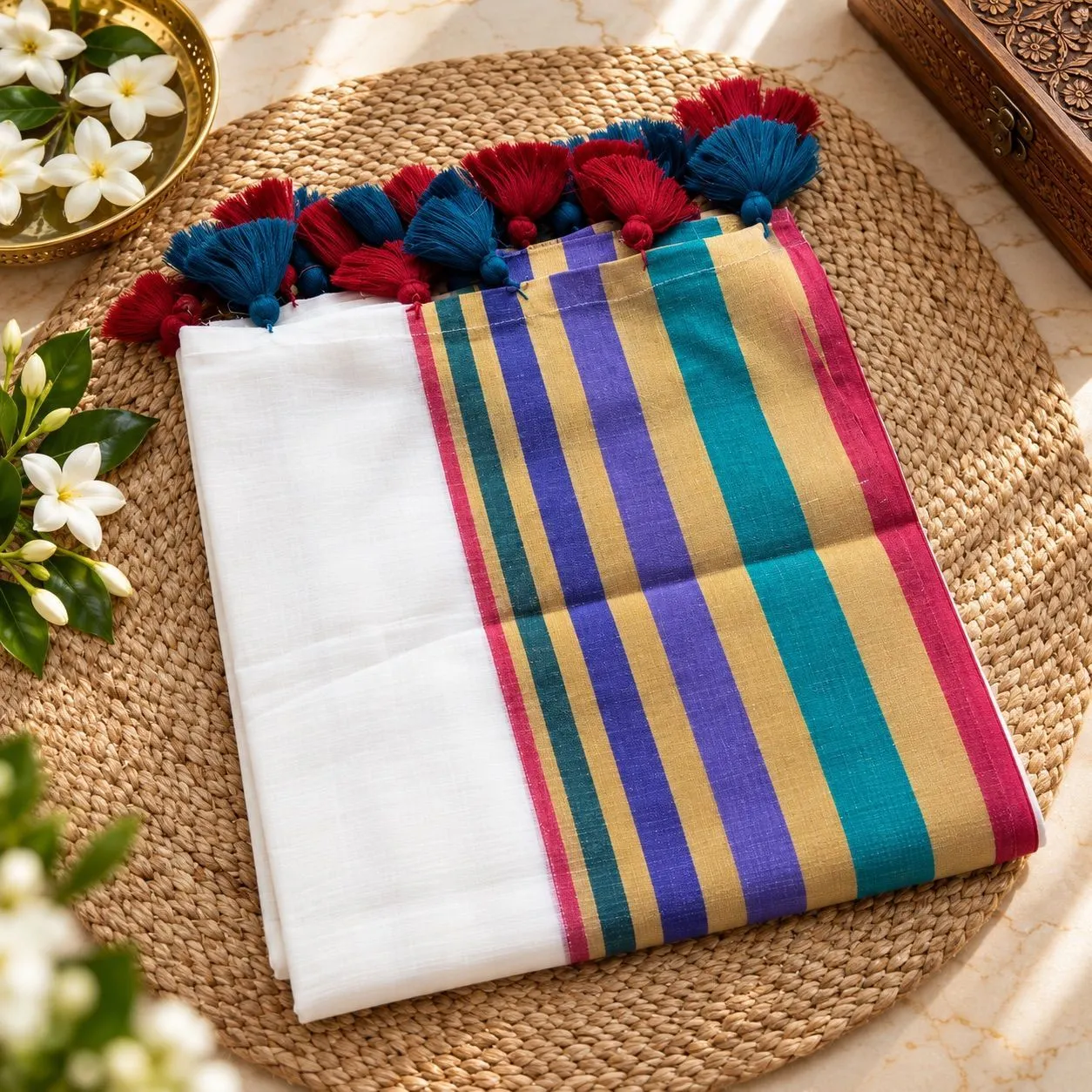 Aaradhya Multicolour Stripe 120s Mul Cotton Saree | White with Teal, Purple, Gold & Magenta