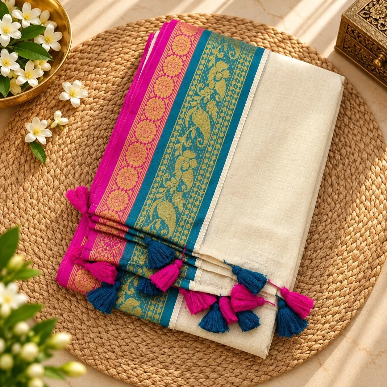 Vasudha Teal & Magenta 120s Mul Cotton Saree | Premium Designer Border with Tassels