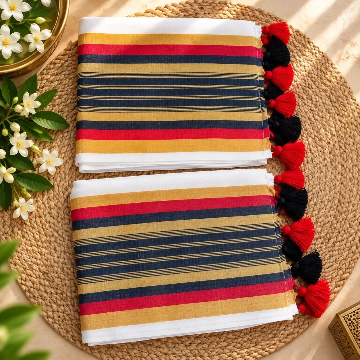Kesariya Multicolour Striped 120s Mul Cotton Saree | Red, Navy & Mustard Border with Tassels