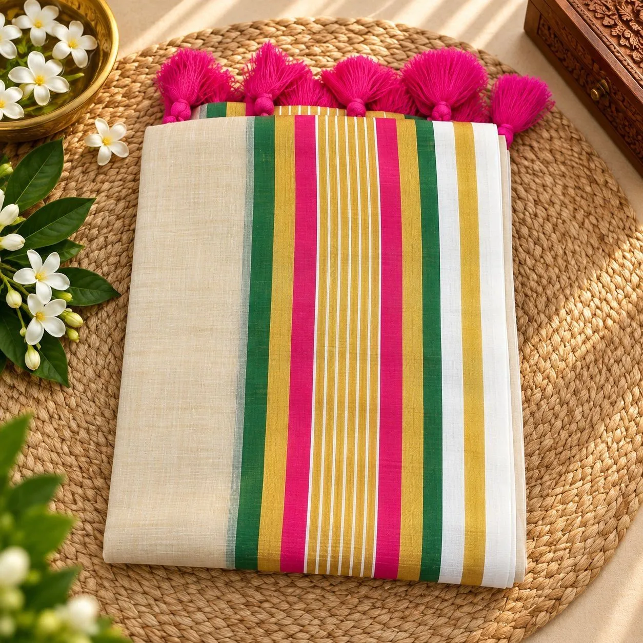 Madhavi Multicolour Stripe 120s Mul Cotton Saree | Green, Mustard & Magenta