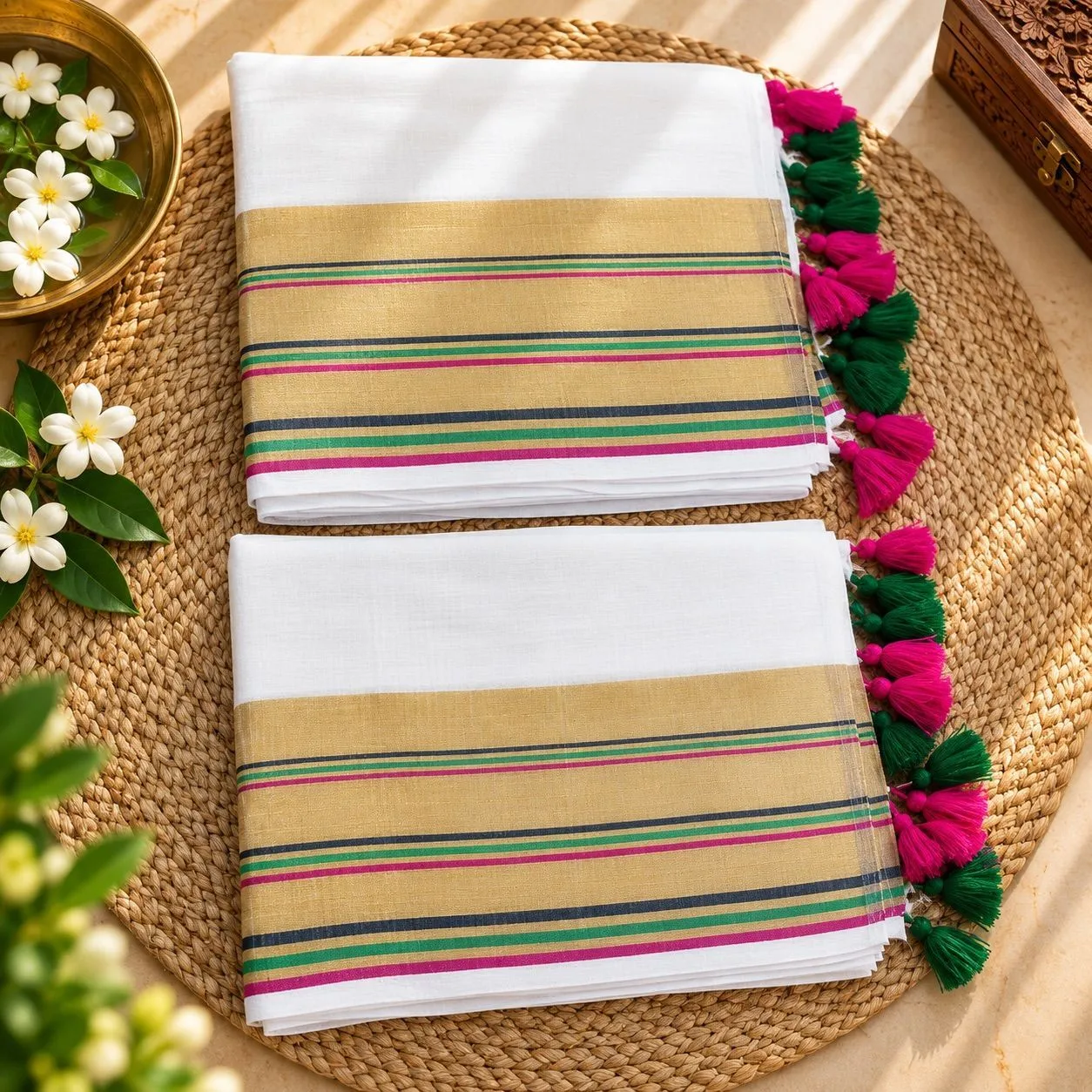 Anvika Multicolour Kasavu 120s Mul Cotton Saree | Green, Magenta & Navy Border
