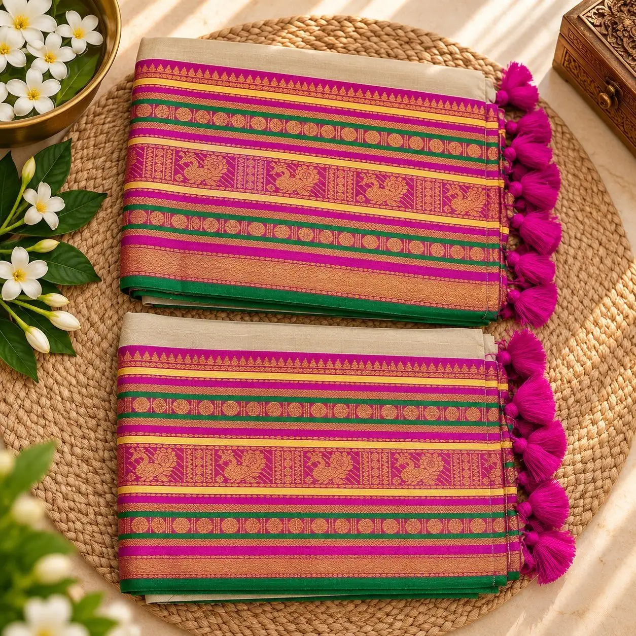 Meenakshi Magenta & Green Kasavu 120s Mul Cotton Saree | Traditional Gold Motif Border