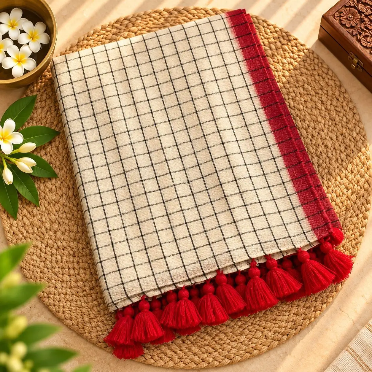 Madhurika Black Checks 120s Mul Cotton Saree | Ivory Handloom Saree with Red & White Tassels