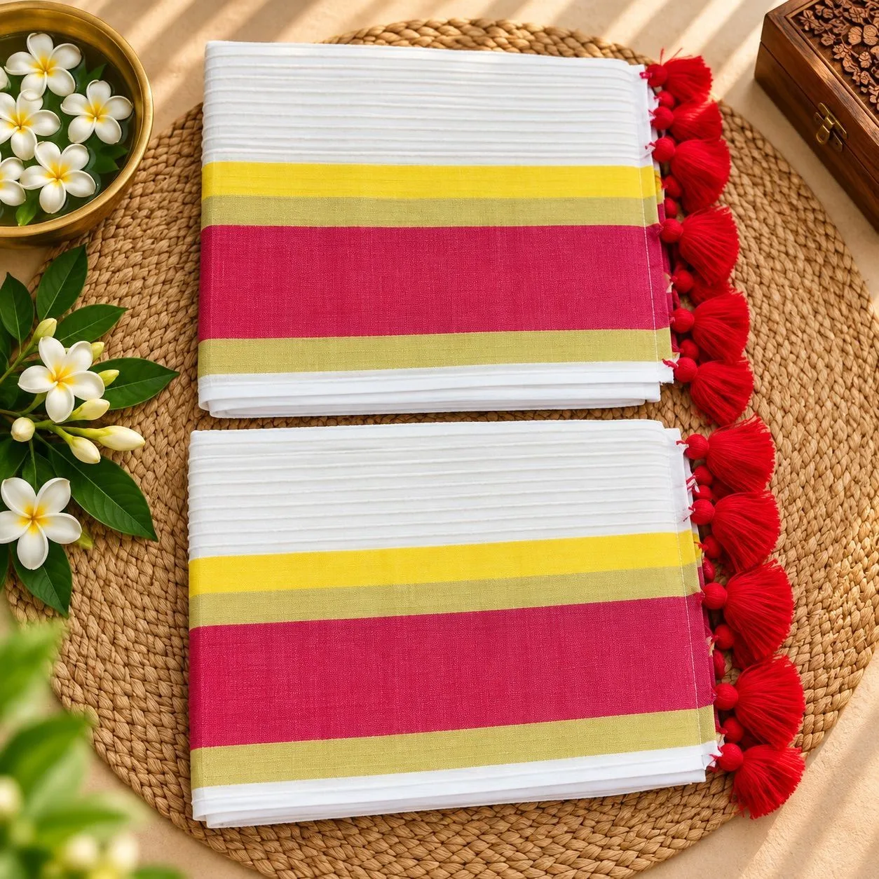 Kavya Pink & Yellow Kasavu 120s Mul Cotton Saree | Ivory Saree with Red Tassels
