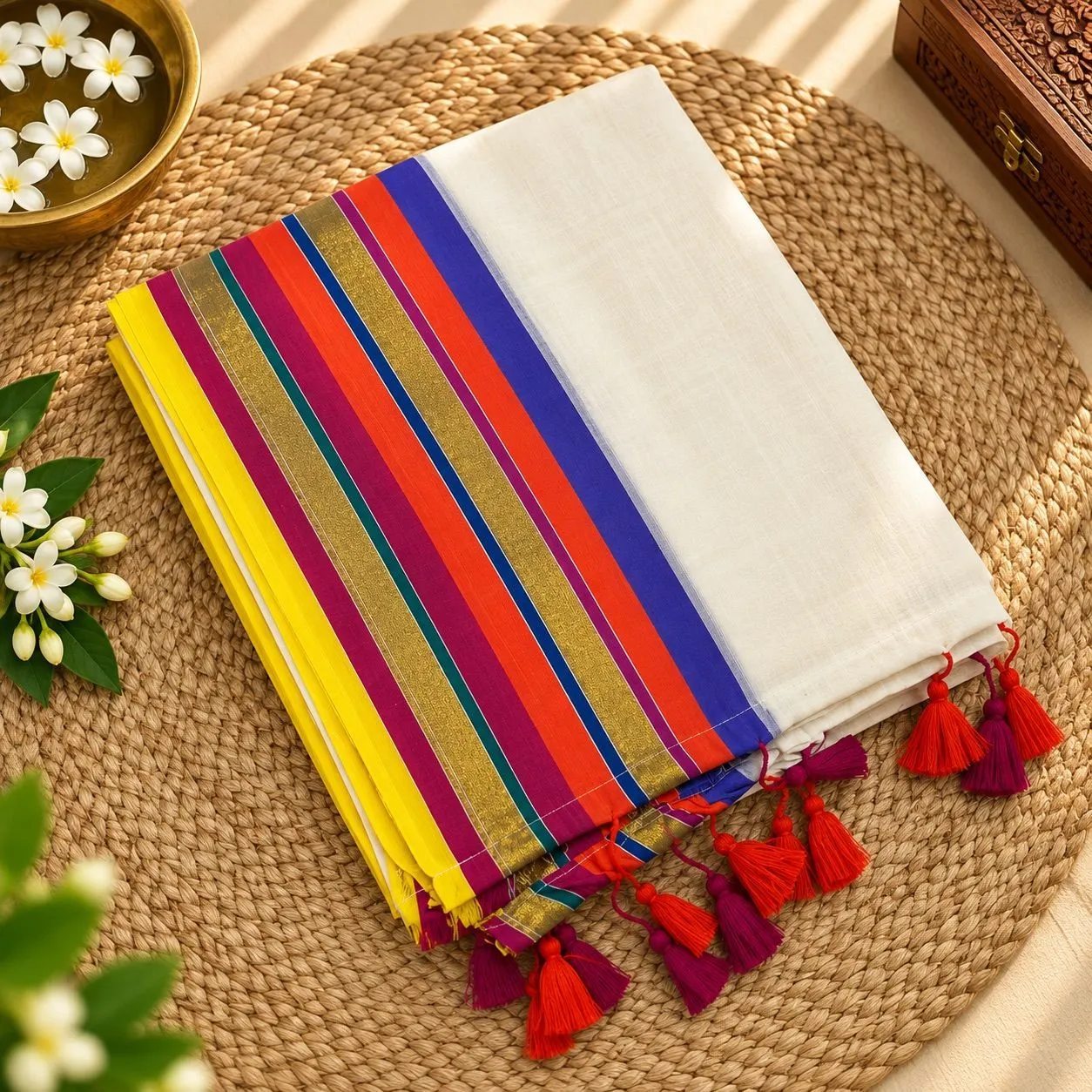 Aadhira Multicolour Zari Stripe 120s Mul Cotton Saree | Ivory Handloom Saree with Tassels