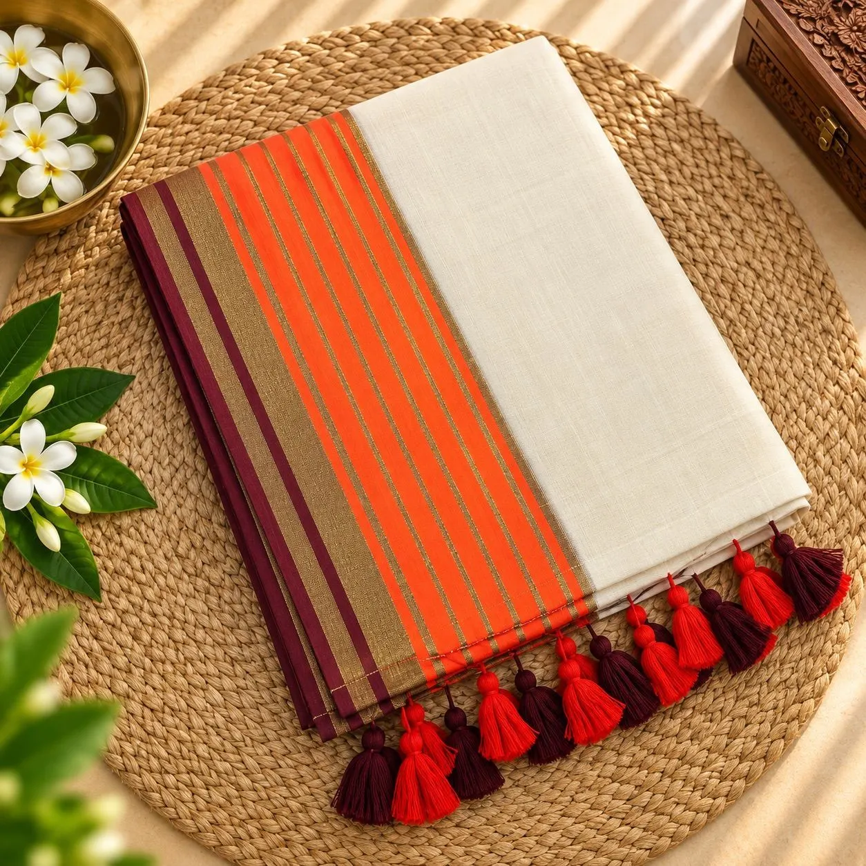 Rainbow Border 120s Mul Cotton Saree | Ivory Saree with Orange & Maroon Zari-Style Border