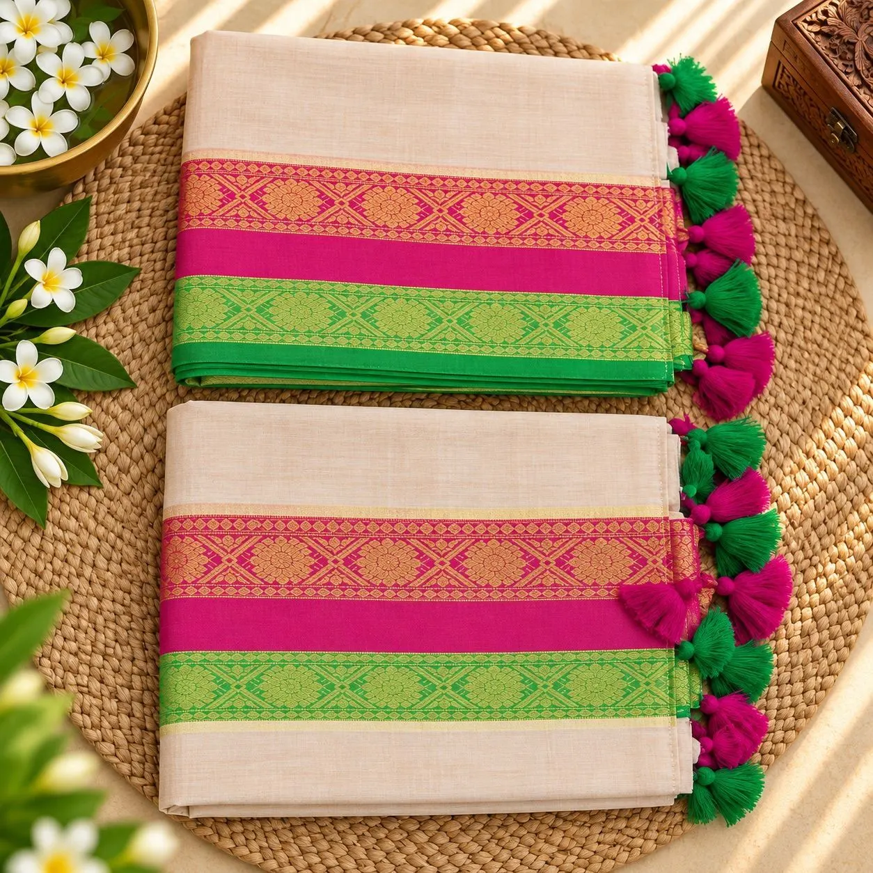 Vaidehi Magenta & Green Zari Kasavu 120s Mul Cotton Saree | Ivory Saree with Tassels