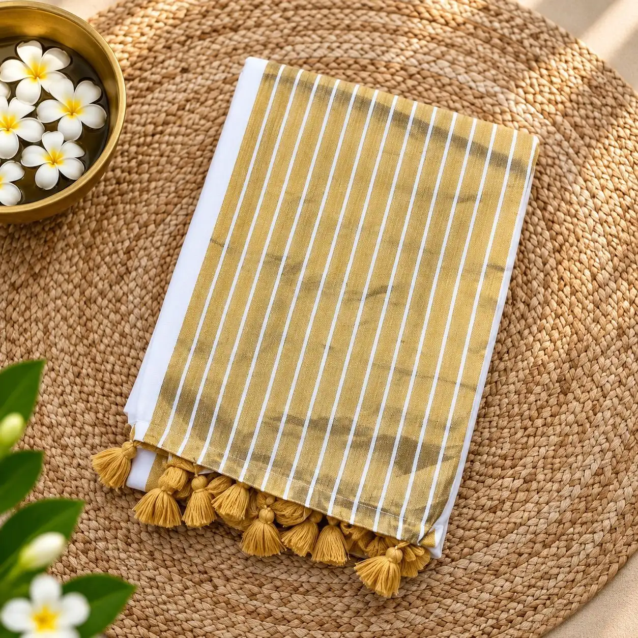 Swarna Rekha Kasavu 120s Mul Cotton Saree | Ivory White & Golden Stripe Saree with Tassels