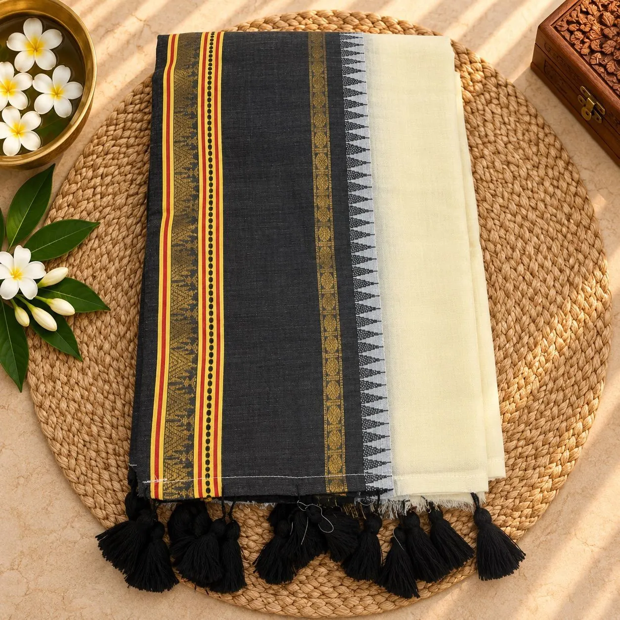 Kaalindi Black & Kasavu 120s Mul Cotton Saree | Traditional Woven Border with Tassels