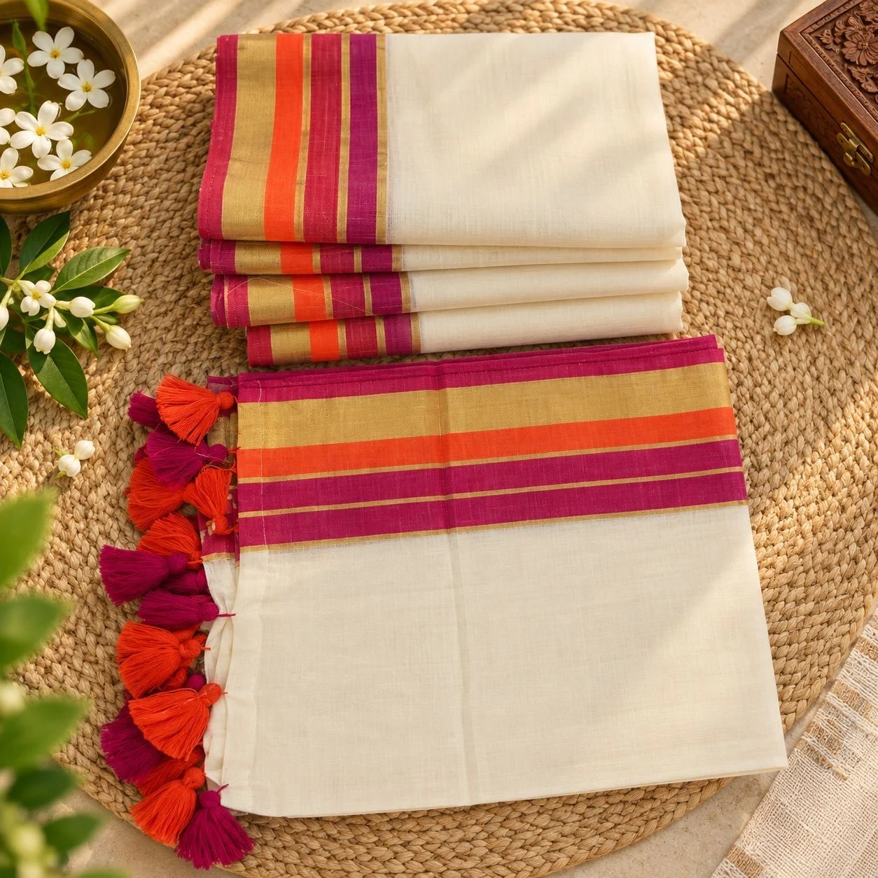 Kalpana Multicolour Kasavu 120s Mul Cotton Saree | Ivory White Stripe Saree with Tassels