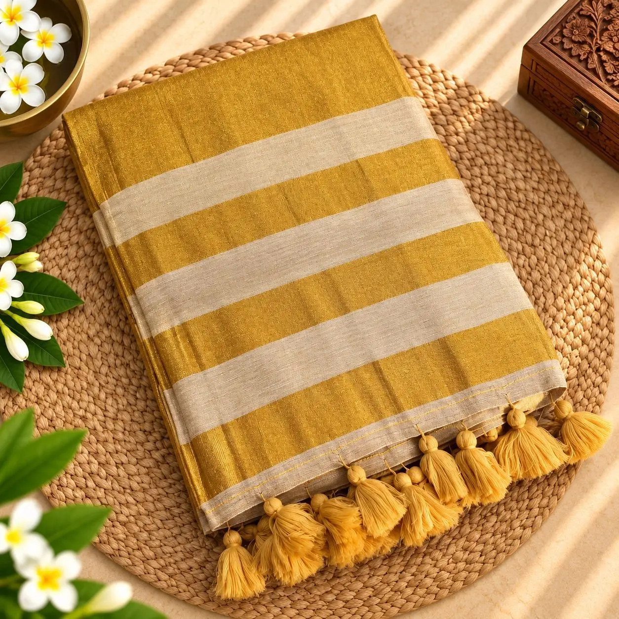 Kanakadhara Kasavu Linen Tissue Saree | Golden & Ivory Stripe Saree with Tassels