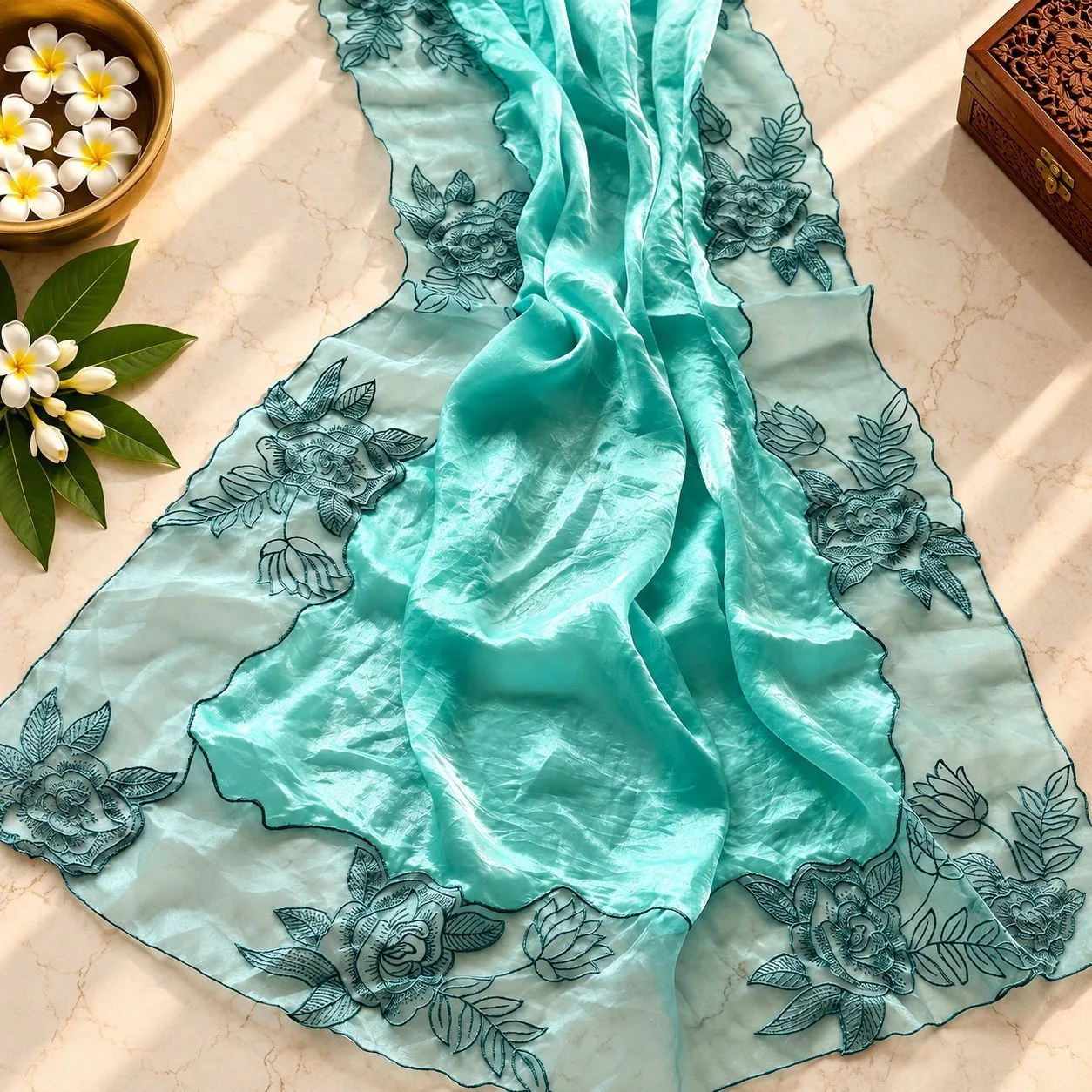 Aloura Premium Glass Tissue Saree | Pure Space Silk with Floral Appliqué Lace Border & Running Blouse