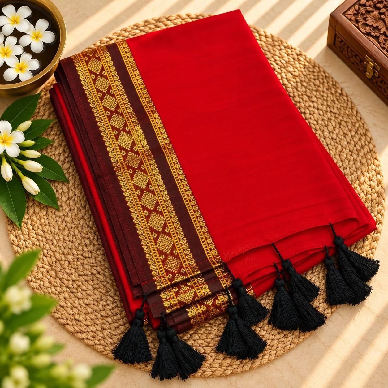 Thara Red Kanchi Mul Cotton Saree | Premium Mul Mul Cotton with Golden Woven Border & Black Tassels