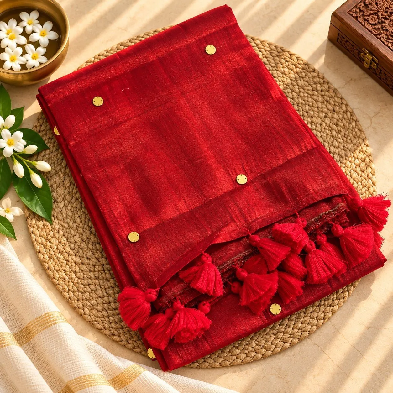 Nayanthara Inspired Red Metallic Tissue Saree | Premium 6 Metre Saree with Tassel Detailing