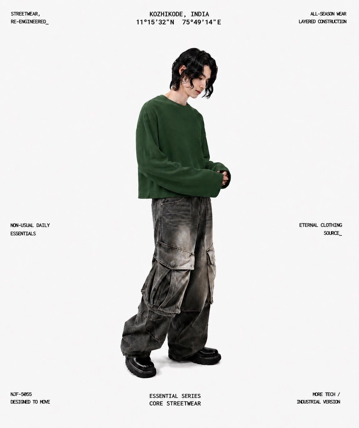 Waffle Boxy Long Sleeve ( Dark Green )