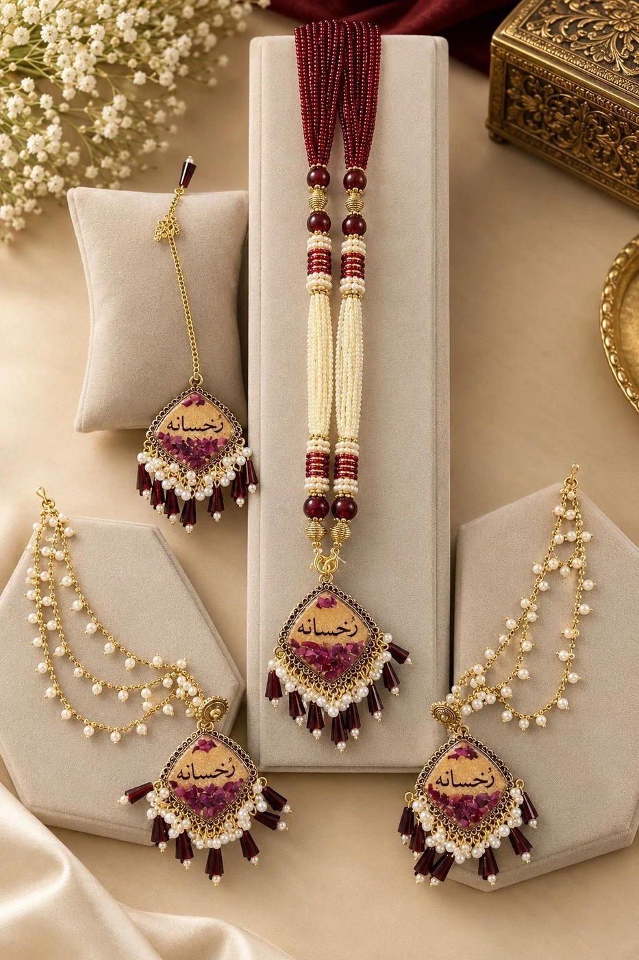Elegant Customized Pearl & Maroon Jewellery Set 1