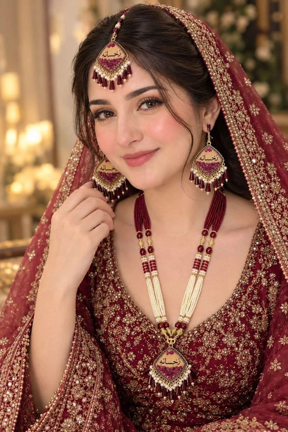 Elegant Customized Pearl & Maroon Jewellery Set 2