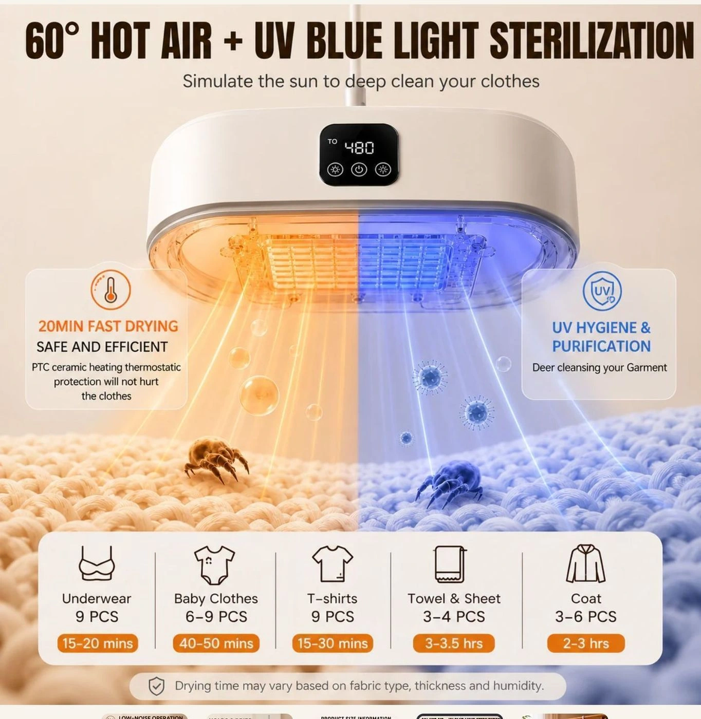 Portable Electric Tumble Dryer, Hot Air Dryer, with Timer UV Sterilization, Hot Air Cabinet for Apartment, Suitable for Clothes, Underwear, Baby Clothes 2