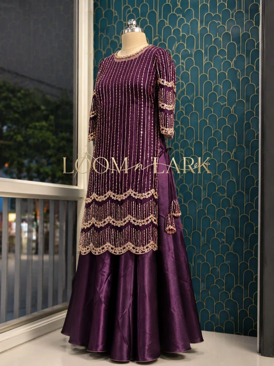 Royal Purple Satin & Hand-Worked Net Gown