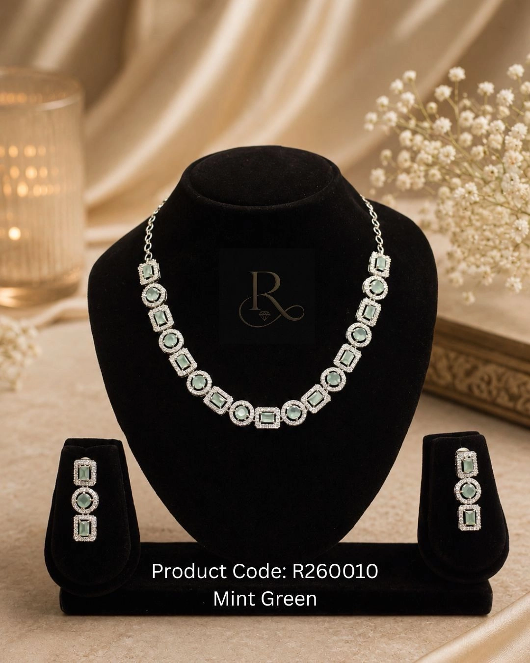 Mira- AD Stone Necklace Set w/ earrings- Mint Green 1