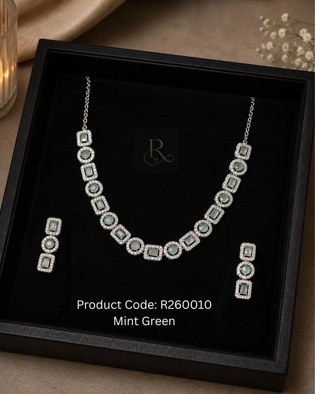 Mira- AD Stone Necklace Set w/ earrings- Mint Green 2